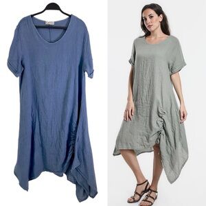 Tina Stephens Blue Jayde Drawstring Bottom Linen Lagenlook Asymmetrical Dress OS